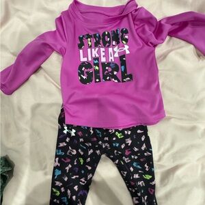 Under Armour Pink 'Strong Like a Girl' Top and Black Patterned Leggings Set 12m